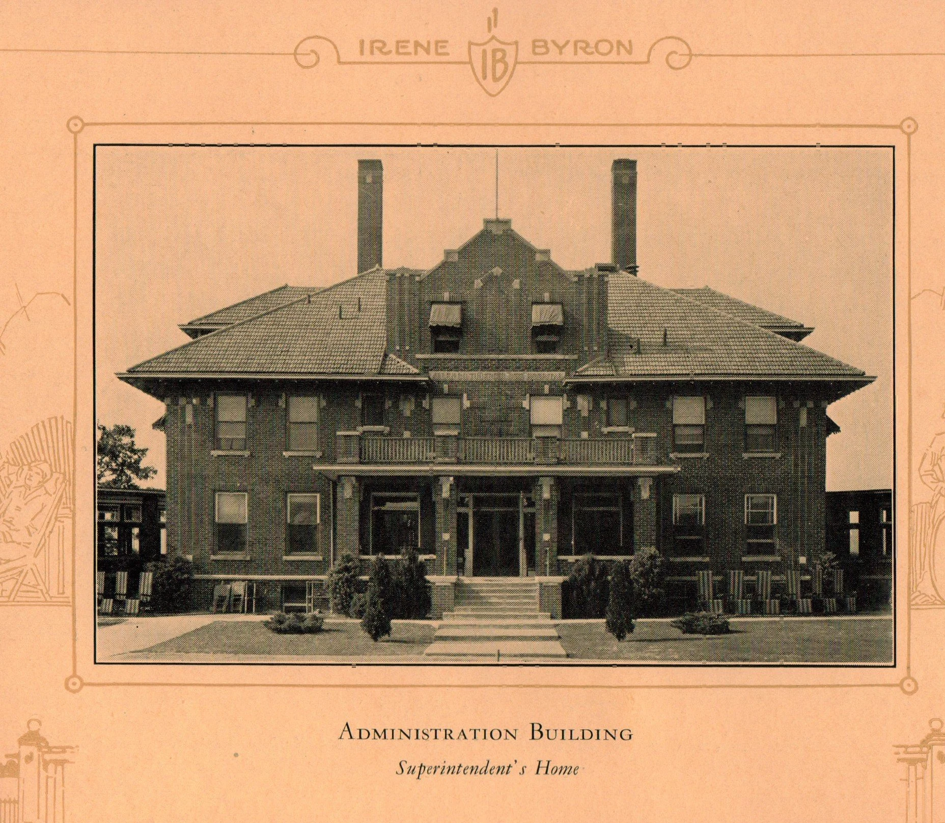 Black and white photograph of an administration building, labeled as Superintendent's Home, with a large tree and bushes in front of it.