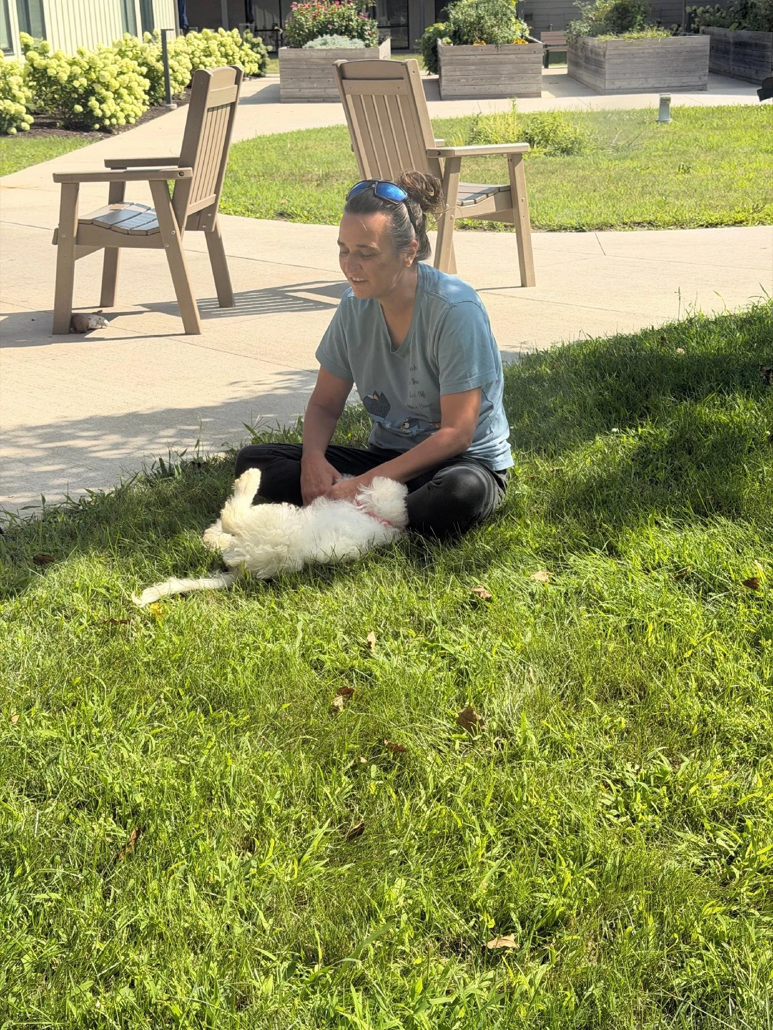 A woman with dark hair tied up, wearing sunglasses on her head and a light blue t-shirt, is sitting on the grass petting a white puppy. The scene is outdoors in a yard with green grass and concrete patio, wooden chairs, and large potted plants.