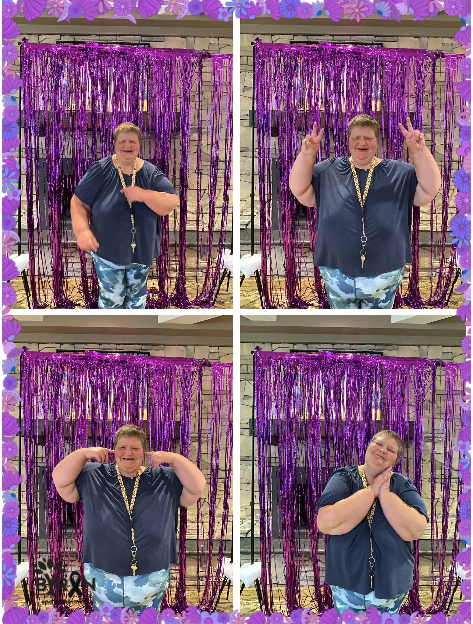 A person with short hair and a big smile making various expressive poses in front of purple metallic streamers. The person is wearing a dark shirt, light camouflage pants, and a gold chain with keys. The background features a stone wall, and the phot