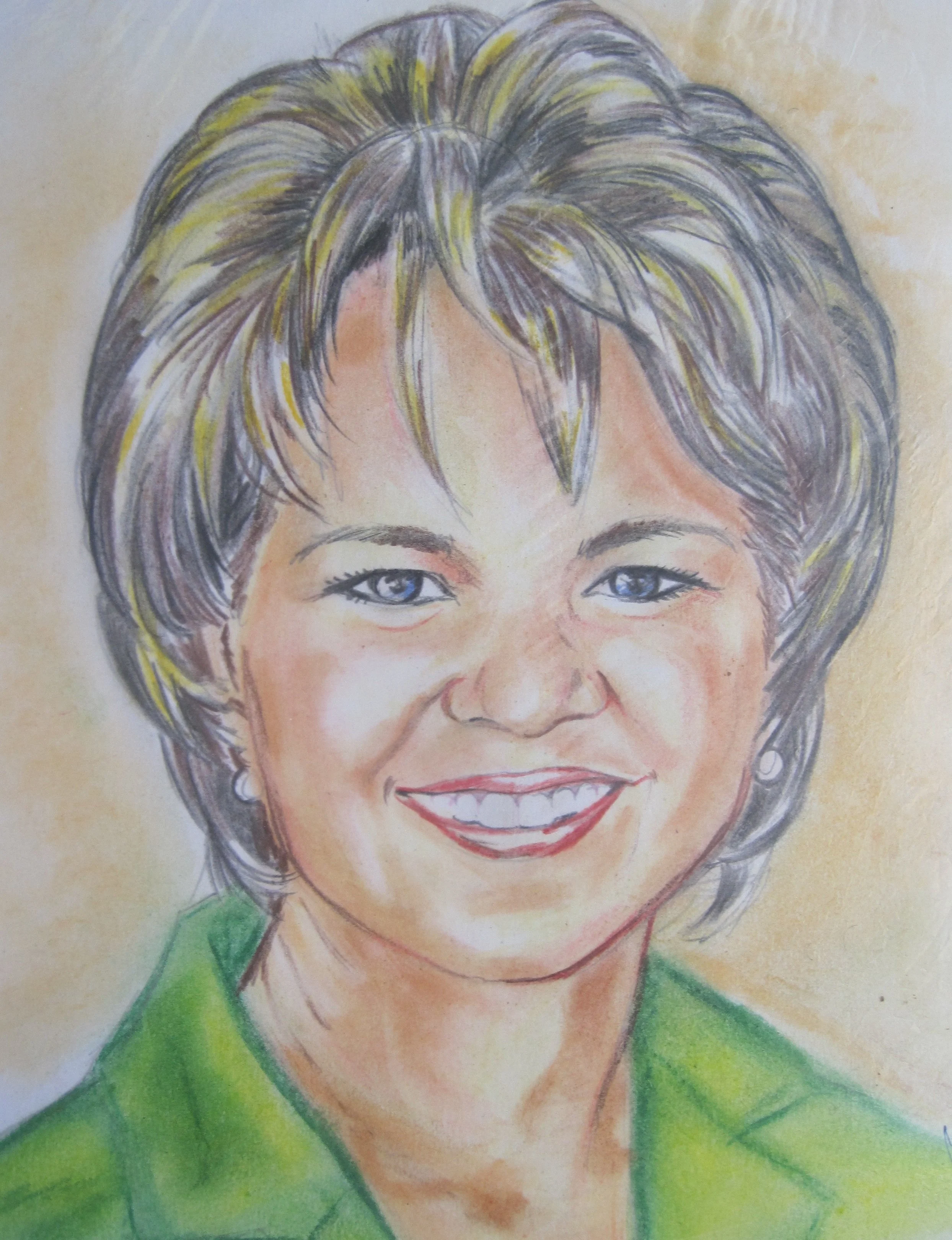 Colorful illustrated portrait of a smiling woman with short, layered gray hair with yellow highlights, wearing a green top.