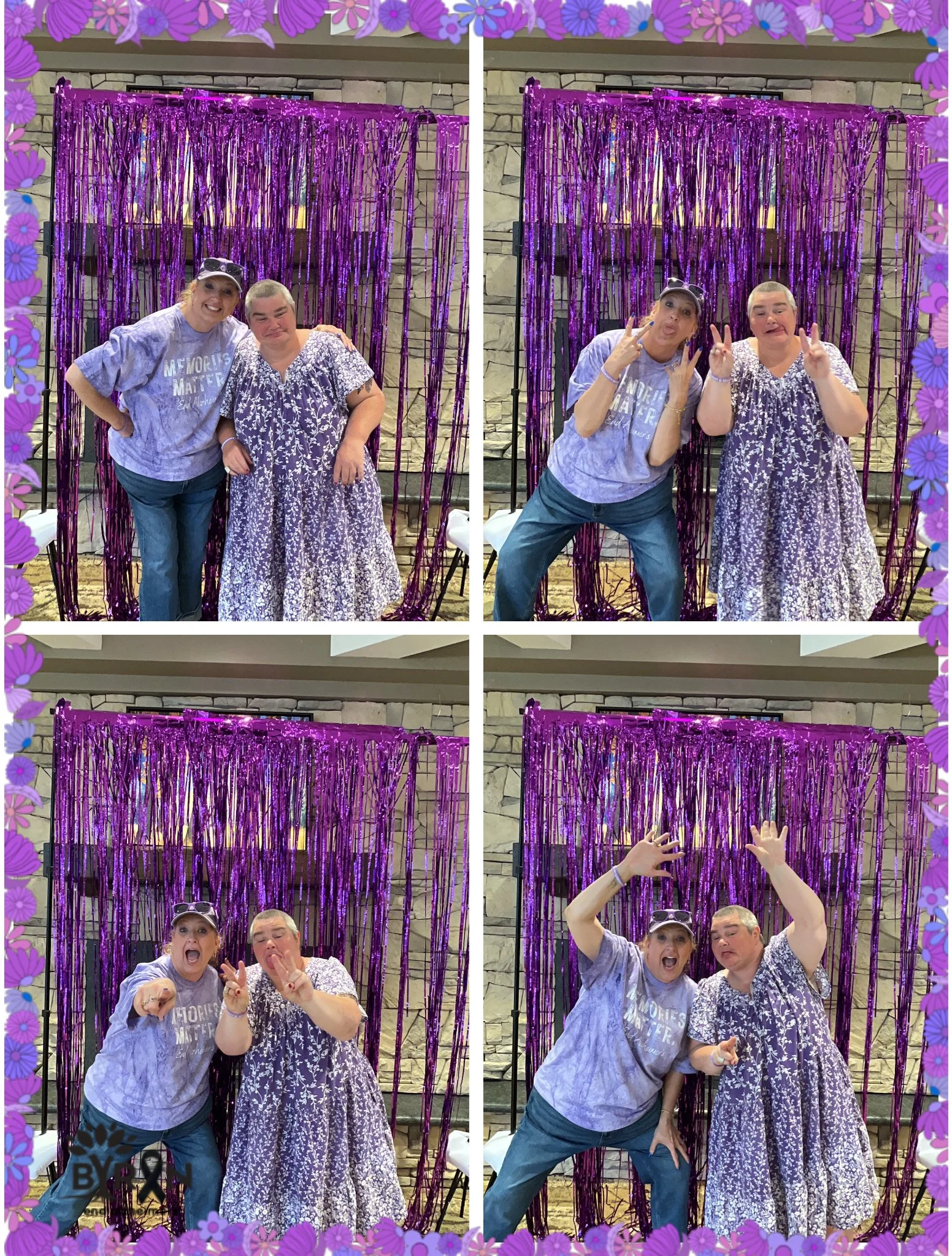 Two women and one man posing playfully in front of a purple metallic fringe backdrop at an indoor event, with the women making silly faces and gesturing, dressed casually.