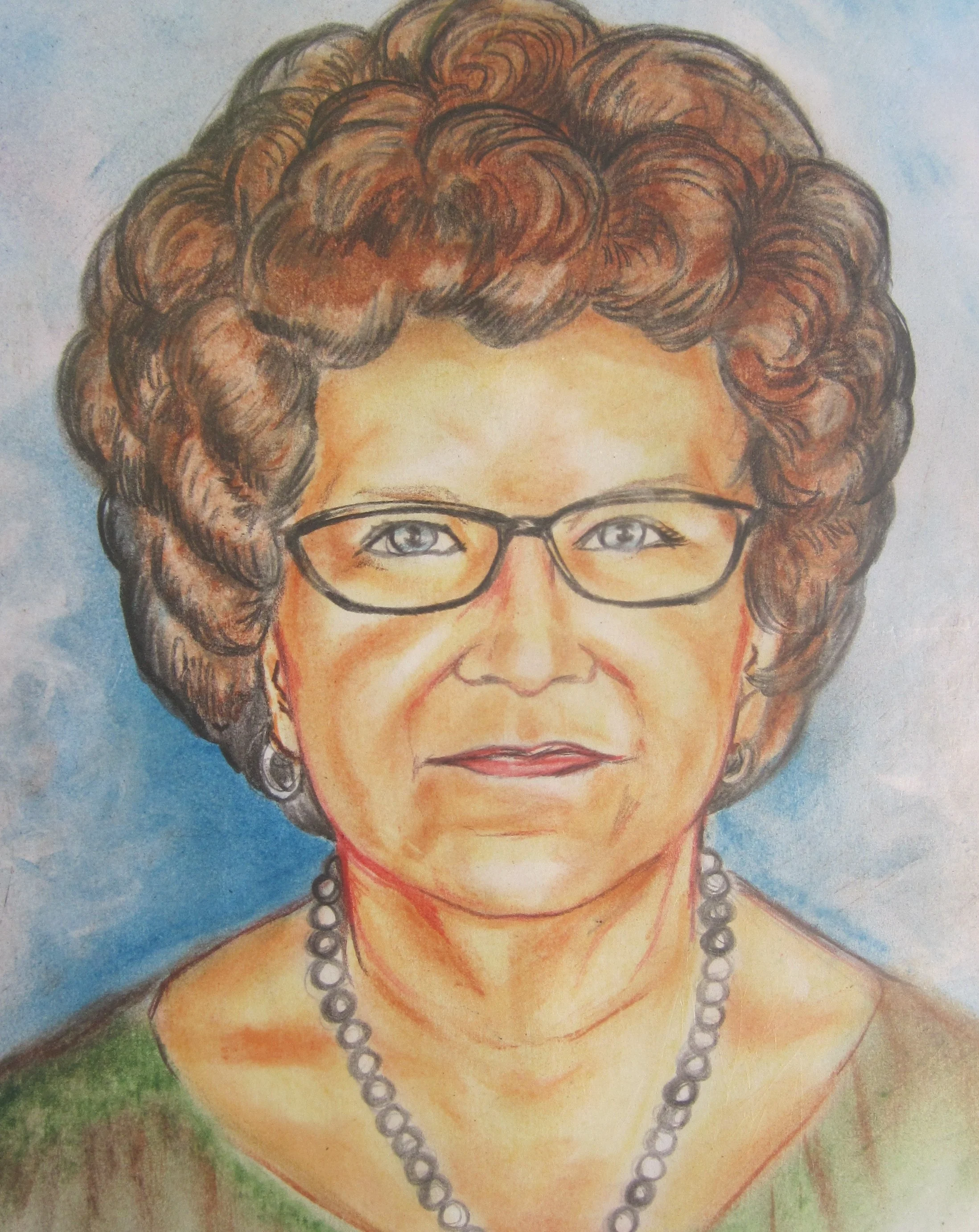 Colorful watercolor portrait of a woman with curly brown hair, wearing glasses, pearl necklace, and earrings, with a blurred blue and green background.