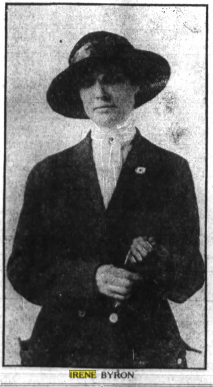 A woman dressed in early 20th-century attire, wearing a large brimmed hat, dark coat, and holding gloves, posed for a photograph. The text indicates the name 'Irene Byron'.