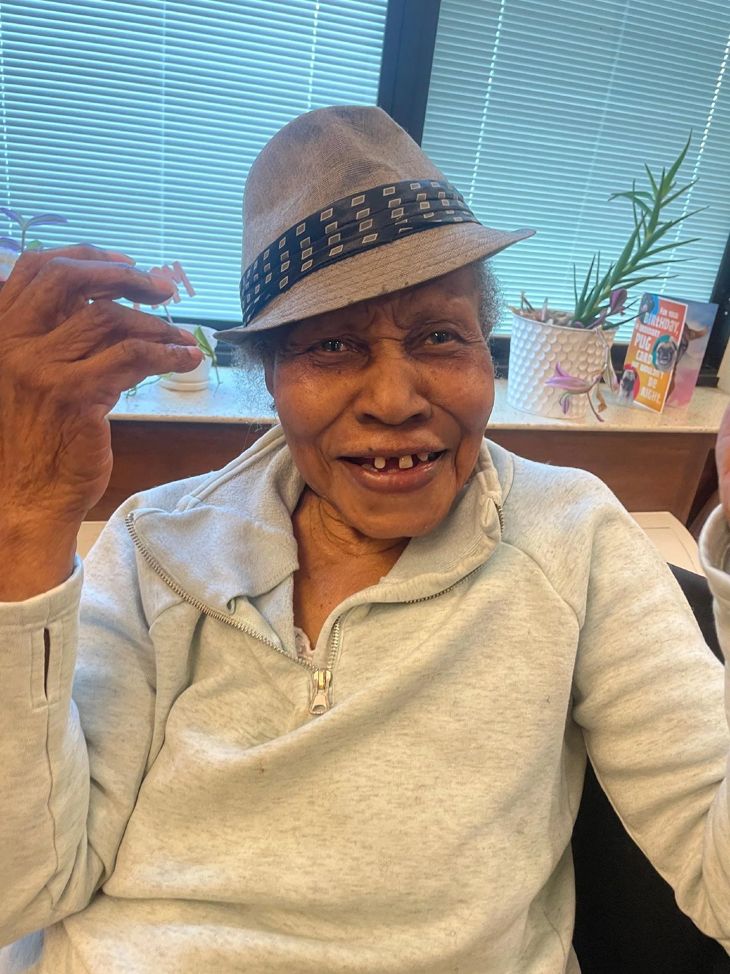 An elderly woman with a short hairstyle, wearing a beige hat with a black and beige patterned band, a light gray hoodie, and smiling while holding a small flower in her hand. Behind her are window blinds, and on the window sill, there are plants and 