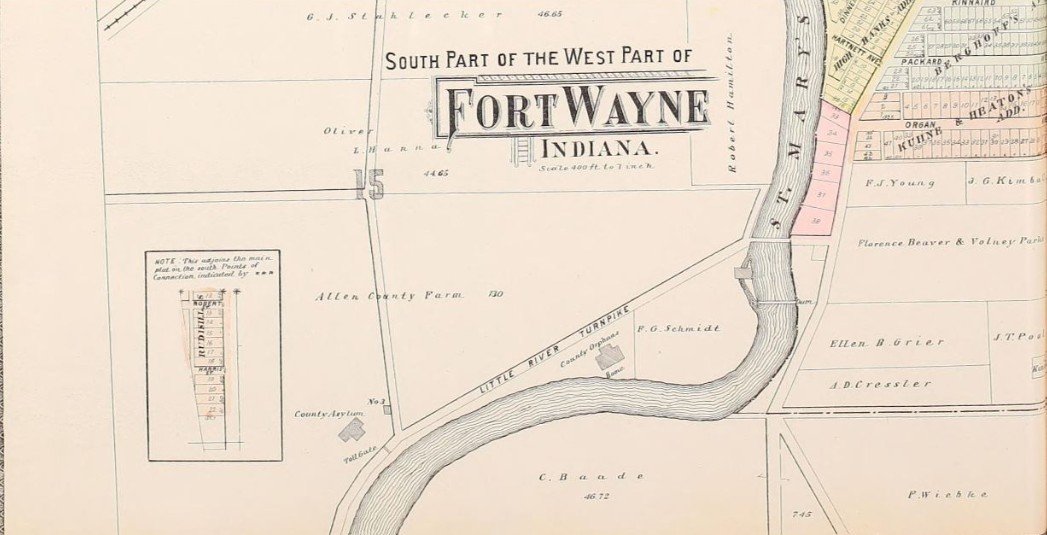 A historical map of Fort Wayne, Indiana, showing the west part of the city, including the St. Joseph River, streets, and property boundaries.