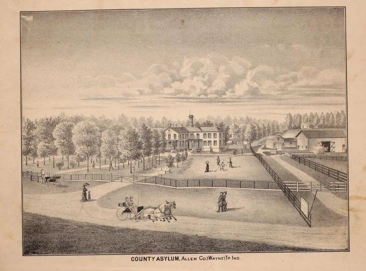 Historical illustration of a county asylum in Allen County, Indiana, showing a large main building, surrounding trees, a fenced yard, and people, including a person riding a horse-drawn carriage and walking.