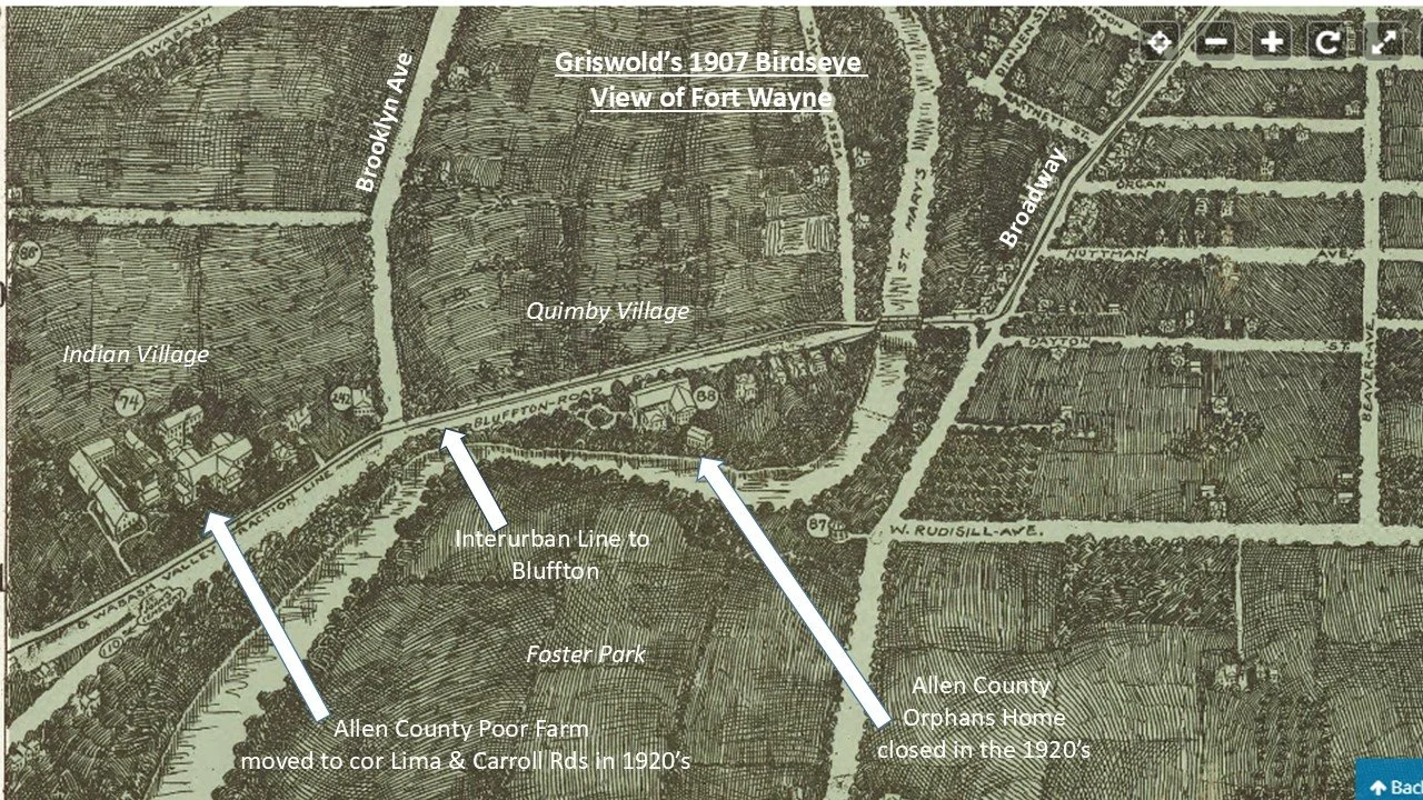 Historical map of Fort Wayne showing Birdseye view by Griswold from 1907, with labels indicating Indian Village, Quimby Village, Foster Park, interurban line to Bluffton, Allen County Poor Farm, Allen County Orphans Home, and streets including Brookl