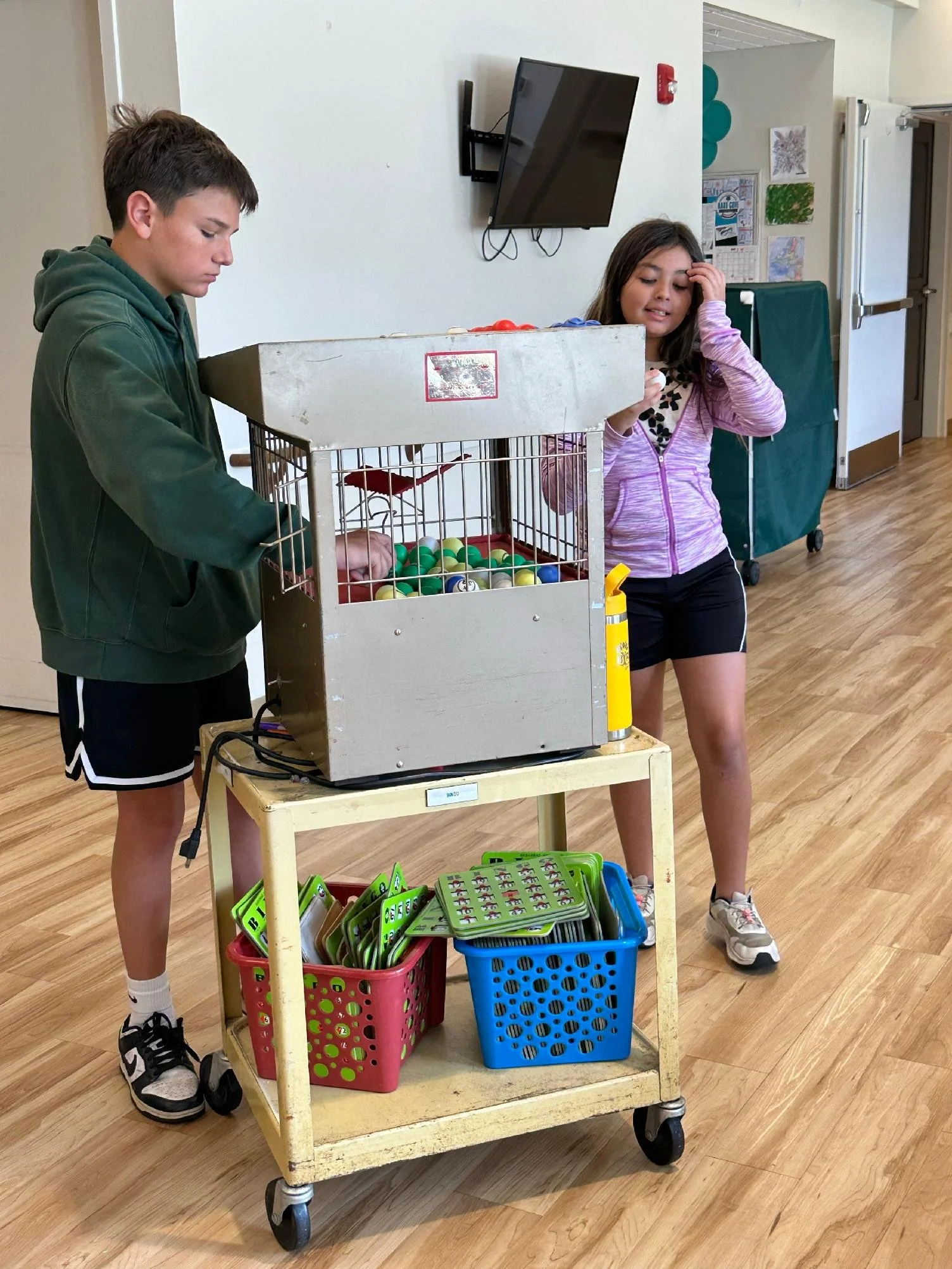 Two children standing next to a cart filled with various toys, including balls and game cards, indoors with wooden floors and a wall-mounted TV in the background.