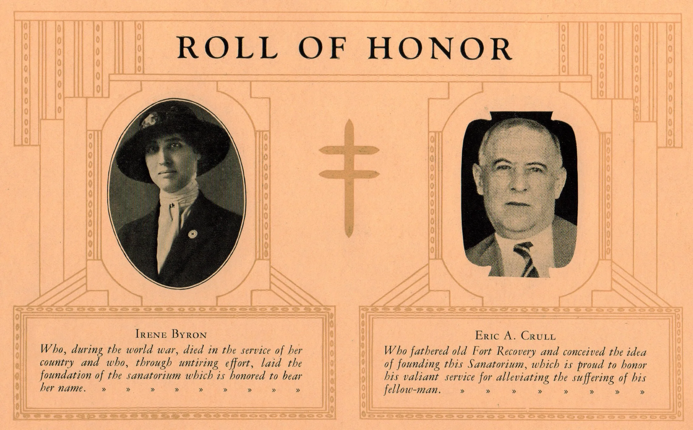 A section of a certificate or award titled "ROLL OF HONOR" featuring black and white portrait photographs of Irene Byron on the left and Eric A. Crull on the right. Below each photo is a brief description of their contributions, with decorative border details around the section.