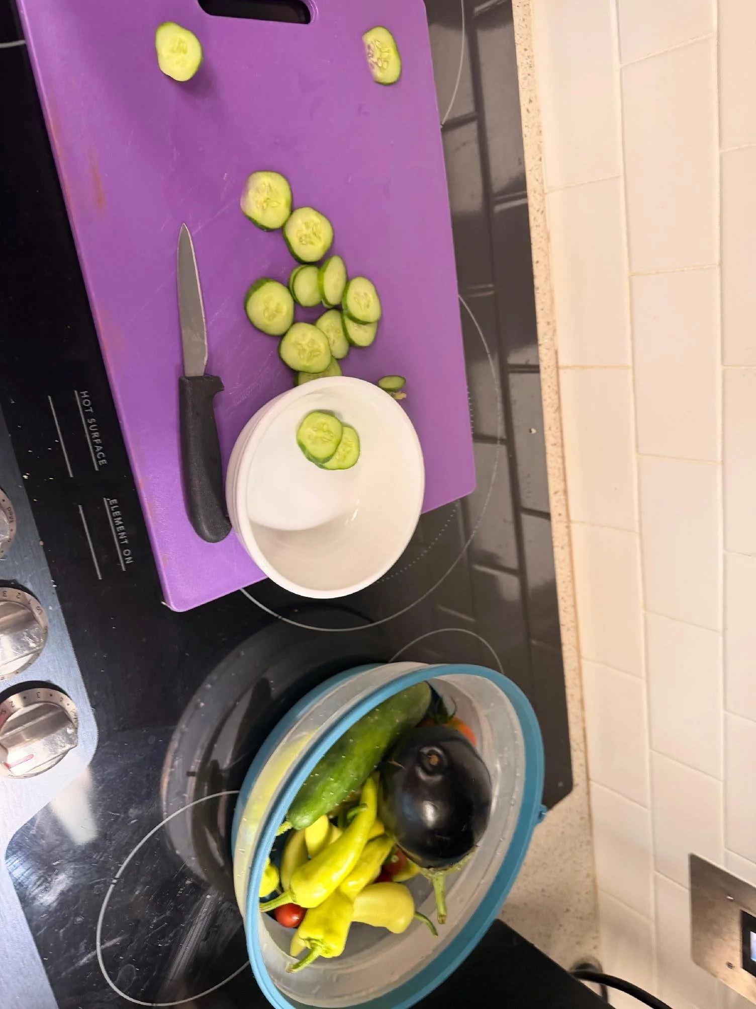 A kitchen countertop with sliced cucumbers on a purple cutting board, a knife, and a bowl of assorted fresh vegetables including cucumbers, yellow peppers, eggplants, and a tomato.