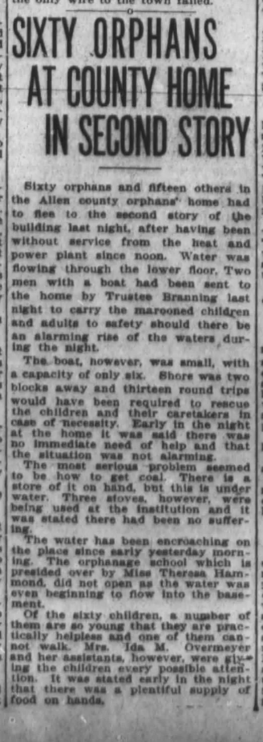 Black and white newspaper headline about sixty orphans being rescued from a flooded orphanage in Allen County, describing the scene and efforts to help the children.