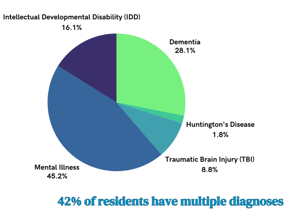 A colorful pie chart showing different health diagnoses among residents, with a caption indicating that 42% have multiple diagnoses.