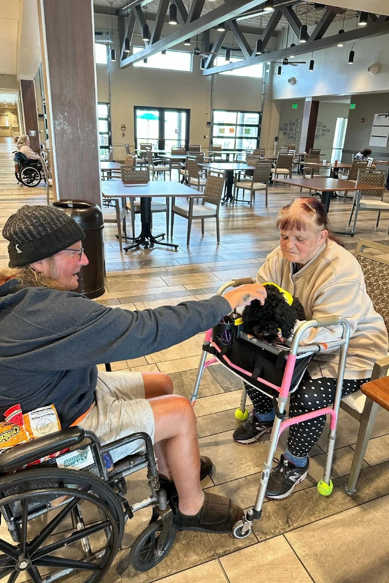 Two women are sitting at a table in a bright, indoor cafe or restaurant. One woman is in a wheelchair and the other is standing beside her, reaching out to pet a small black dog in the seated woman's lap. The woman in the wheelchair is wearing a beige sweater and polka-dotted pants, while the standing woman is wearing a dark jacket and a beanie. There are multiple tables and chairs in the background, with large windows allowing natural light into the space.