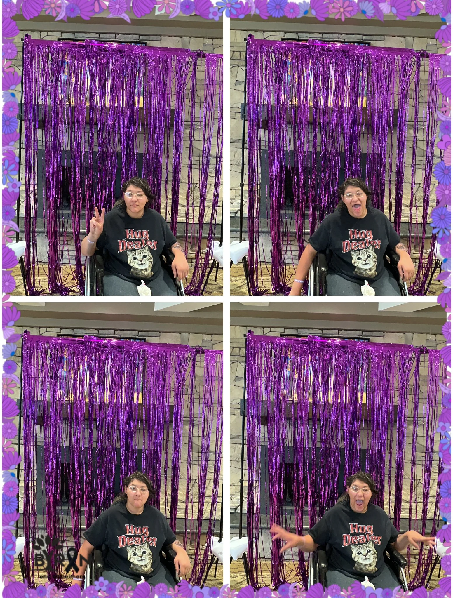 A woman sitting in a wheelchair in front of purple metallic streamers, making different facial expressions. She is wearing glasses and a black T-shirt with a cat graphic and the text 'Hug Dealer'. The background appears to be indoors with stone walls