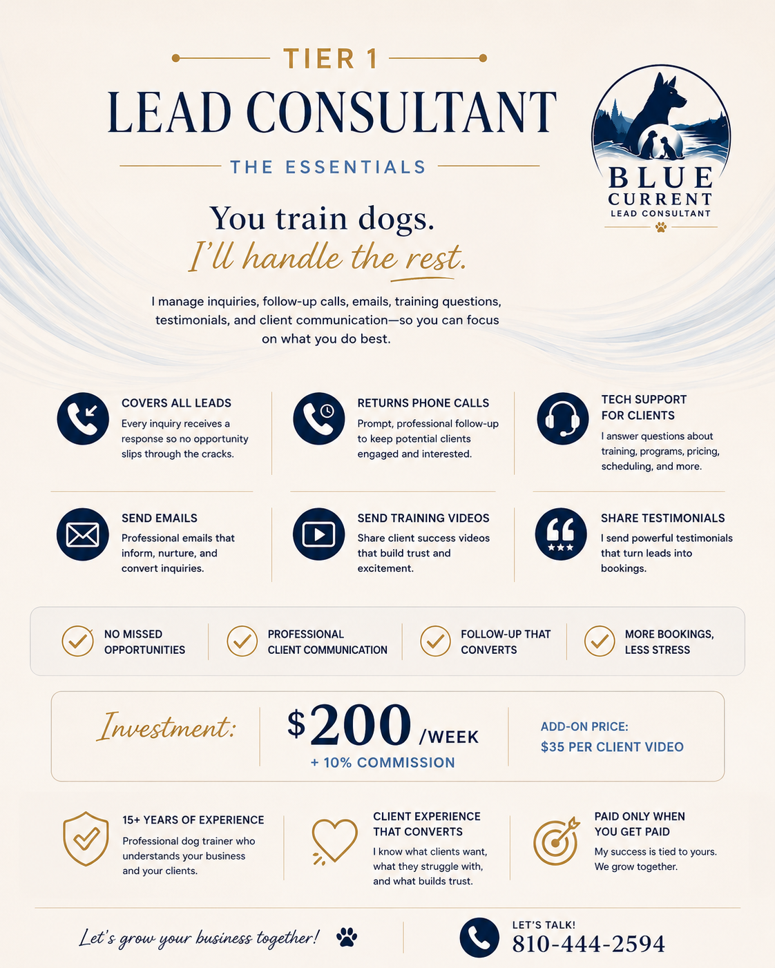 A business service dog trainers, emphasizing managing inquiries, follow-up calls, emails, training videos, testimonials, and client support. It lists features, pricing, experience, and contact information.