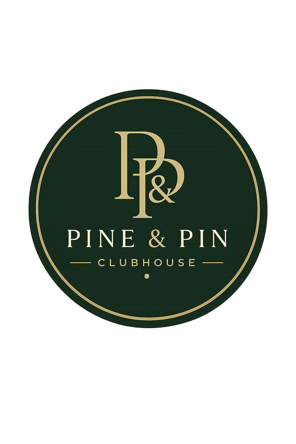 Logo for Pine & Pin Clubhouse with gold lettering on dark green background