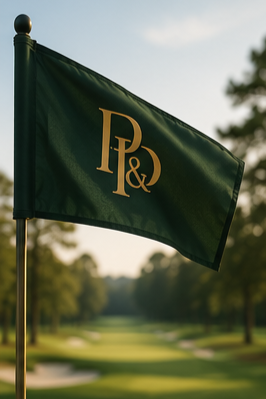 Golf flag with P&D logo on a golf course.
