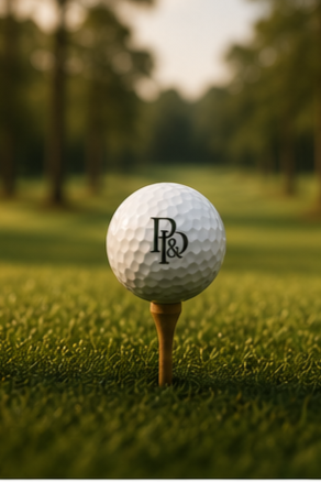 Close-up of a golf ball on a tee on a golf course with trees in the background