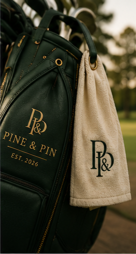 A golf bag with a towel hanging from it, displaying the Pine & Pin logo and establishment year 2026.