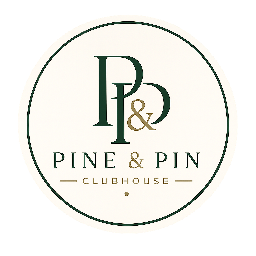 Logo for Pine & Pin Clubhouse featuring large green and gold initials P and P, with the words 'Pine & Pin' and 'Clubhouse' beneath in green and gold.