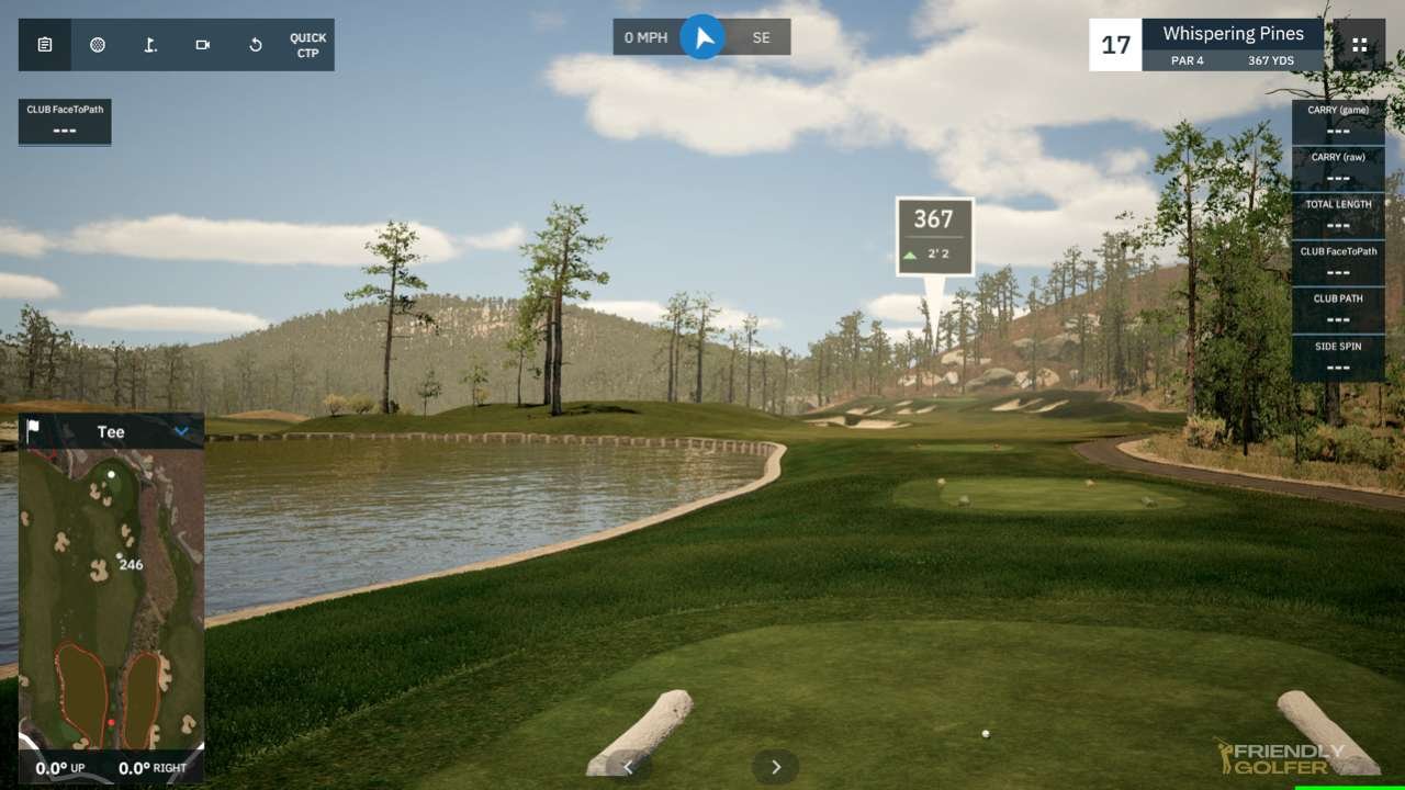 View from a golf simulator showing the 17th hole at Whispering Pines golf course, with a water hazard on the left, green trees in the background, and a clear sky with some clouds.