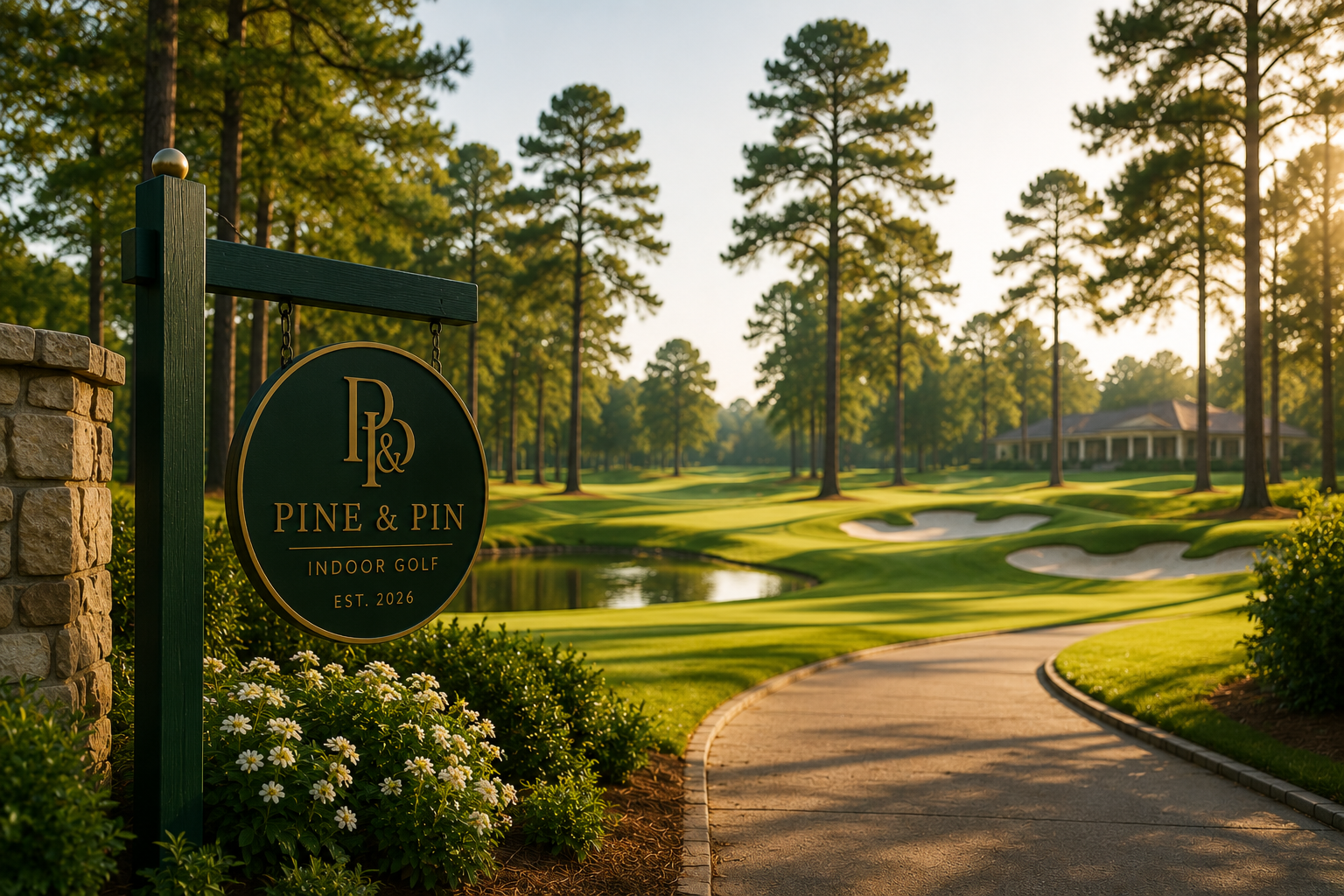 A sign for Pine & Pin Indoor Golf with trees and a golf course in the background at sunset.