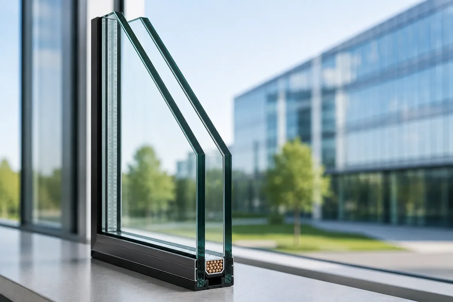 Modern sealed glass unit featuring double-pane insulated glass with clear transparent layers, energy-efficient design, and contemporary architectural glass construction.