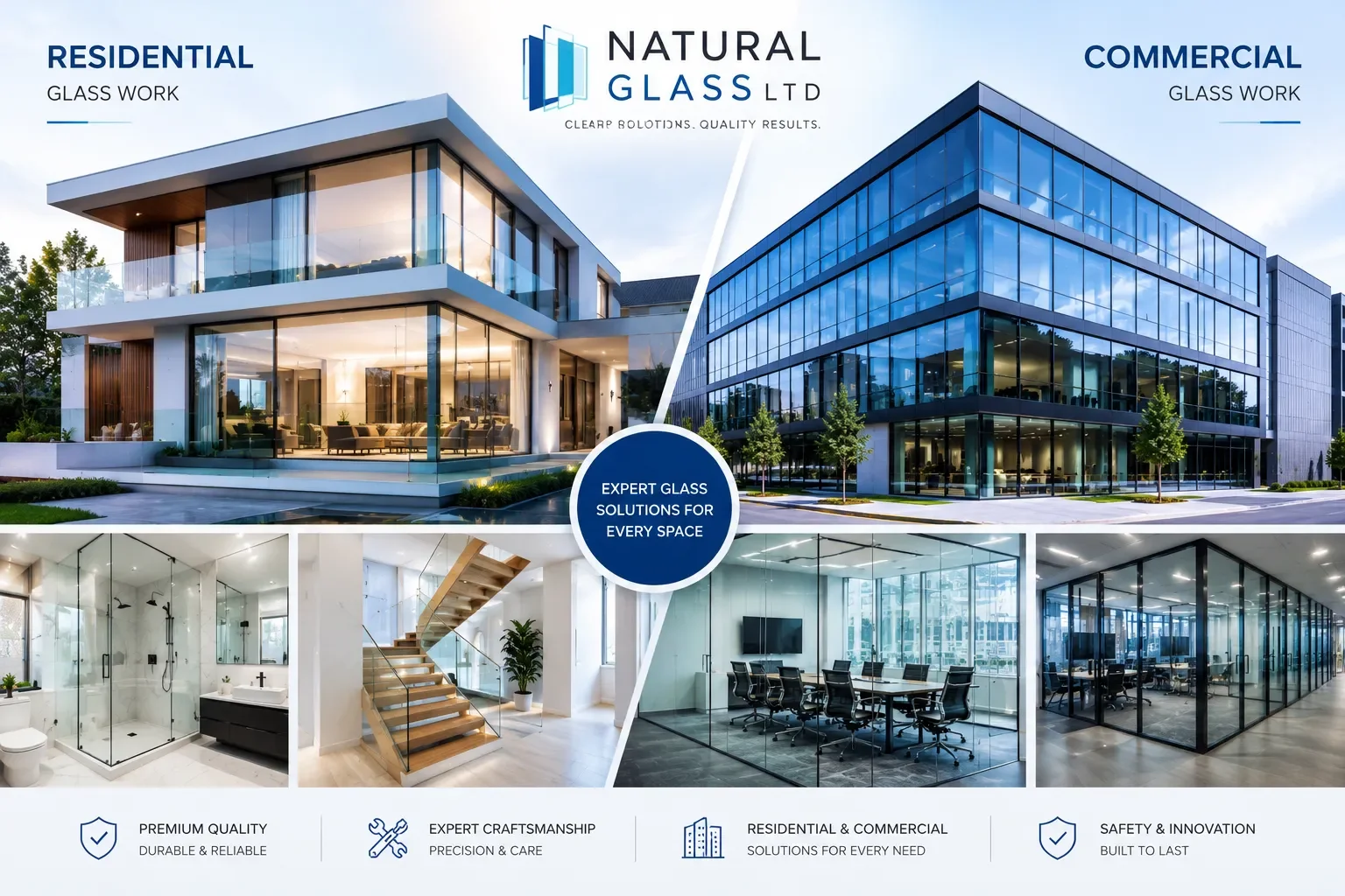 Professional residential and commercial glass services featuring modern home windows, office glass partitions, shower enclosures, glass railings, and contemporary architectural glass installations.