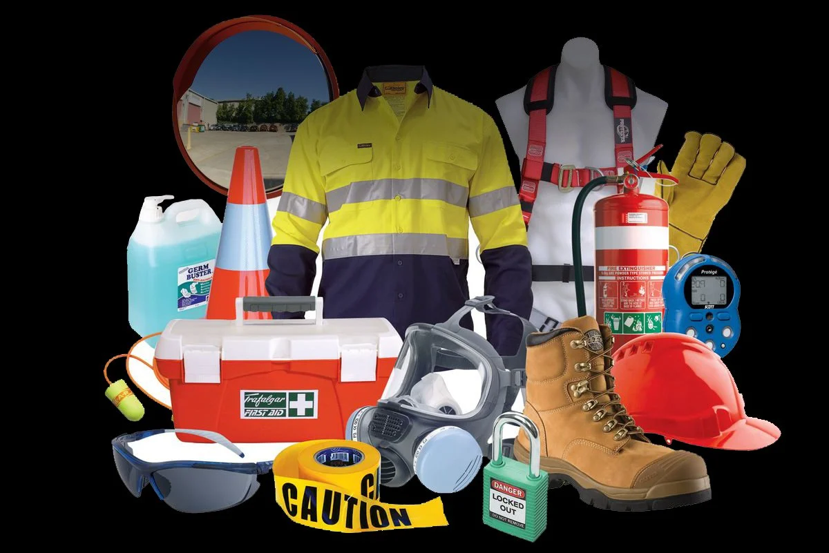 Collection of safety equipment including a safety jacket, gloves, fire extinguisher, hard helmet, safety goggles, ear protection, caution tape, respirator, digital timer, first aid kit, boots, goggles, and a safety mirror.