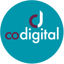 Logo for coDigital with a teal background, featuring a stylized 'd' and 'c' in white and purple.