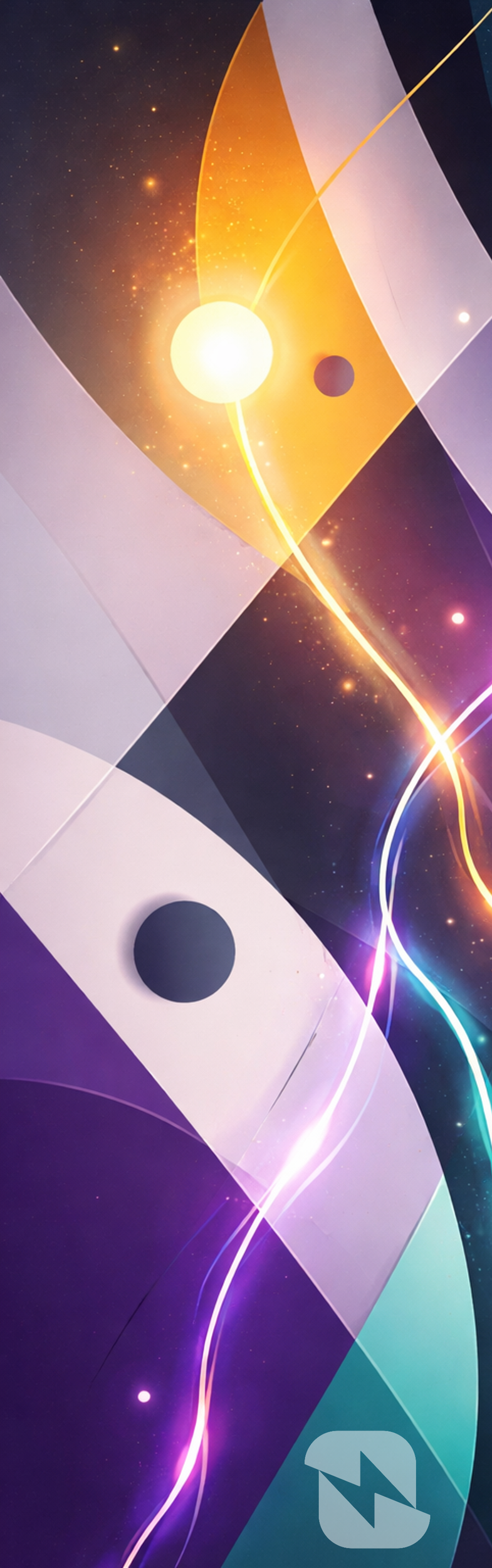 Abstract digital artwork featuring a bright yellow-orange sphere resembling a star with surrounding glowing streaks and smaller dark circles, set against a cosmic, starry background with purple, blue, and black hues, and angular geometric shapes and lines.