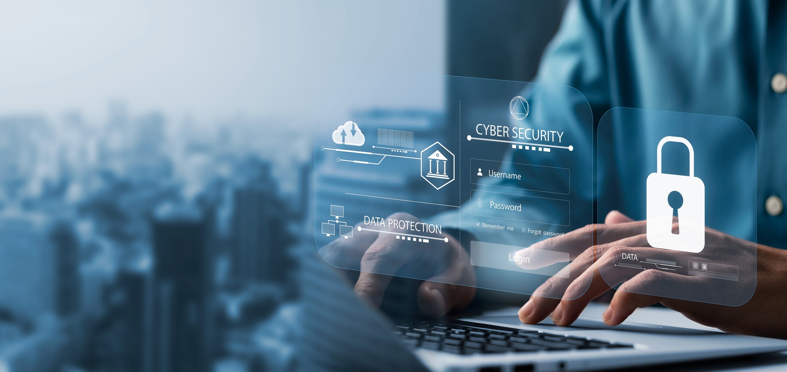 Person using a tablet with a digital overlay featuring cybersecurity and data protection icons, including a lock, cloud downloads, and login fields, set against a cityscape background.
