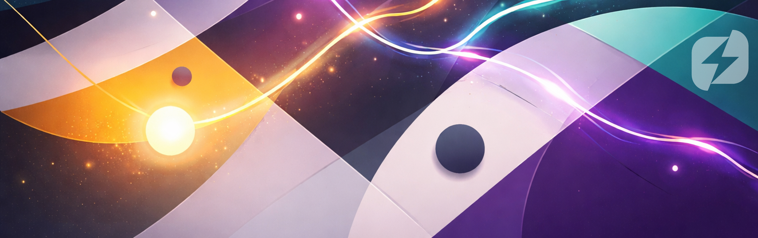 Abstract digital artwork with colorful geometric shapes, light trails, and glowing orbs on a dark background.
