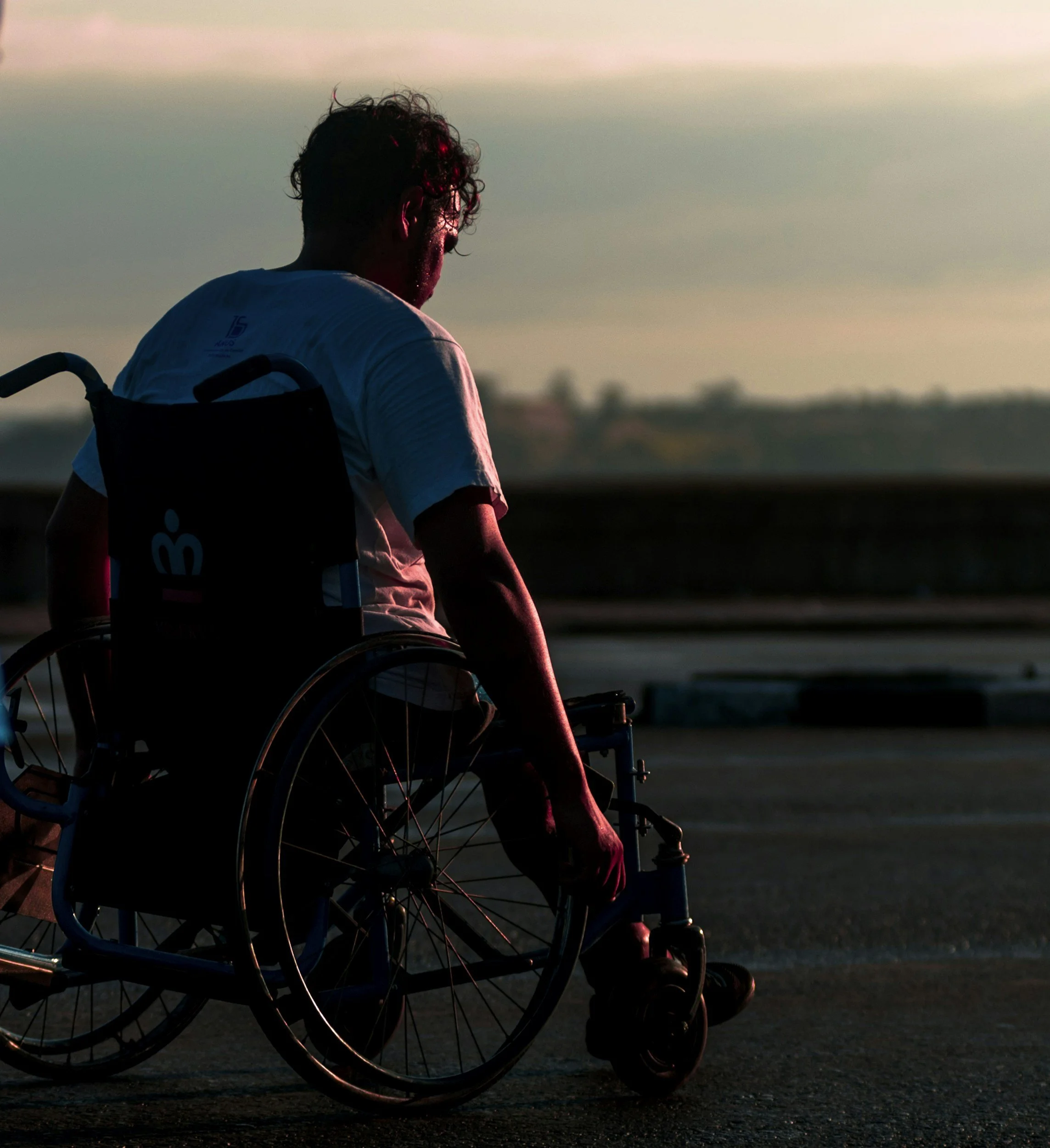 A person in a wheelchair looking at the horizon during sunset or sunrise. The person has curly hair and is wearing a white shirt. The background shows a blurred landscape with the sky displaying pink, orange, and blue hues.