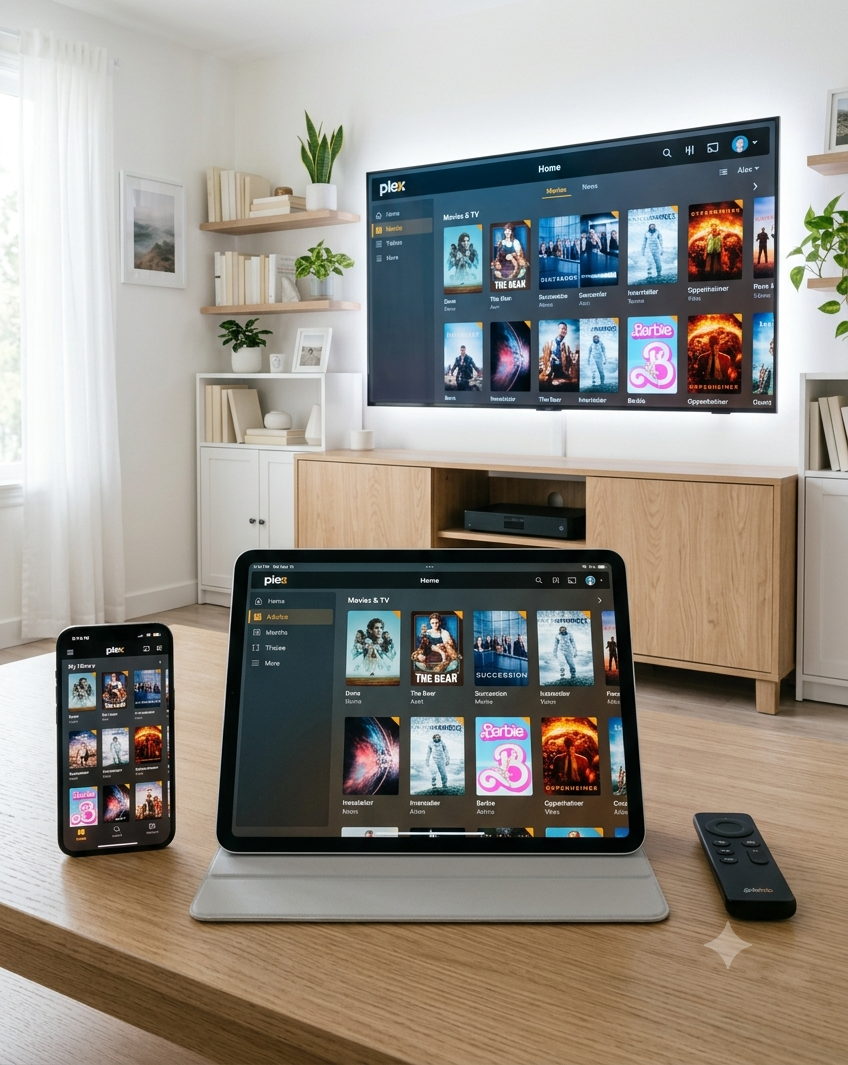 A living room with a wall-mounted TV displaying a streaming service. On a table, a tablet shows the same streaming interface, alongside a smartphone and a remote control.