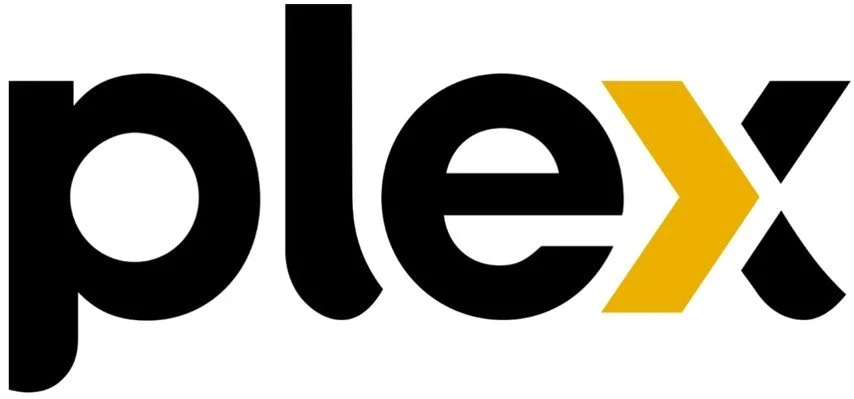 The word 'plex' in black lowercase letters with a yellow arrow replacing the 'x'.