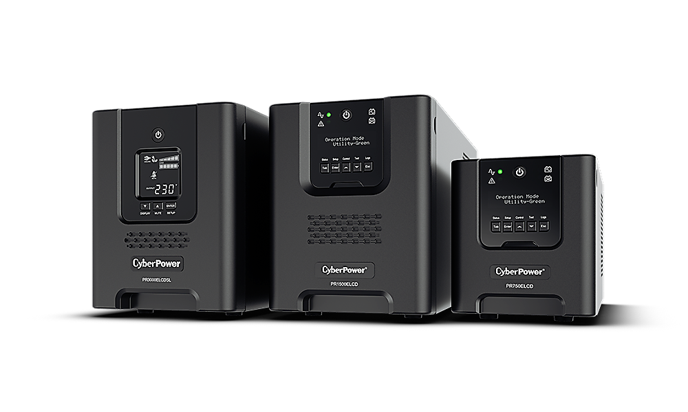 Three CyberPower uninterruptible power supply (UPS) systems of different sizes, with digital displays and control buttons.