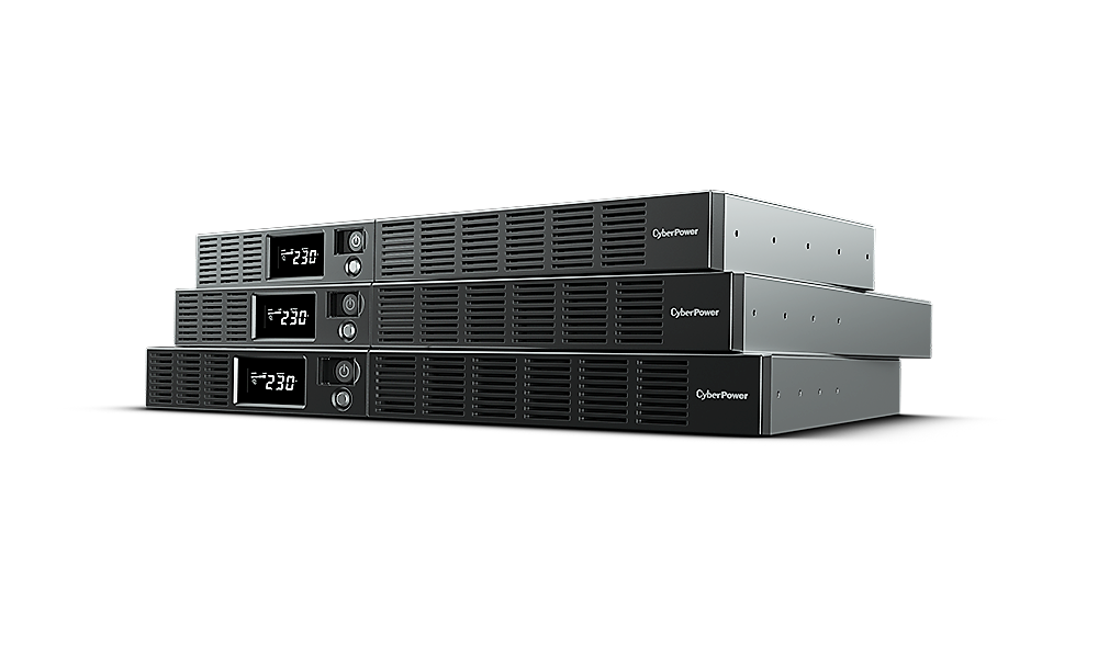 Three CyberPower uninterruptible power supply (UPS) units stacked, with digital displays showing 230V.