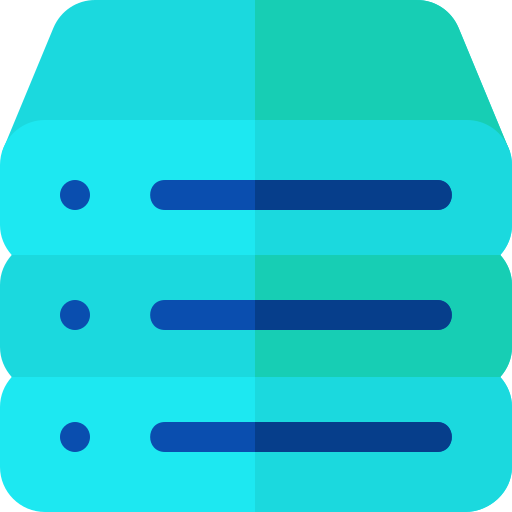 Illustration of a stack of hard drives, blue and teal with dots and horizontal blue lines.