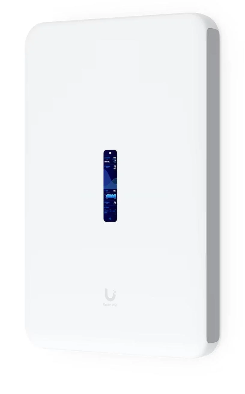 A UniFi Dream Wall router with a vertical rectangular shape, featuring a small digital display in the center showing various data.