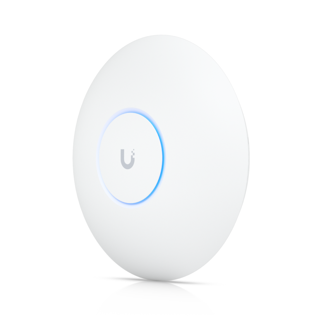 A UniFi wireless access point: sleek, white, circular, with a central ring glowing blue and a simple U-shaped logo.