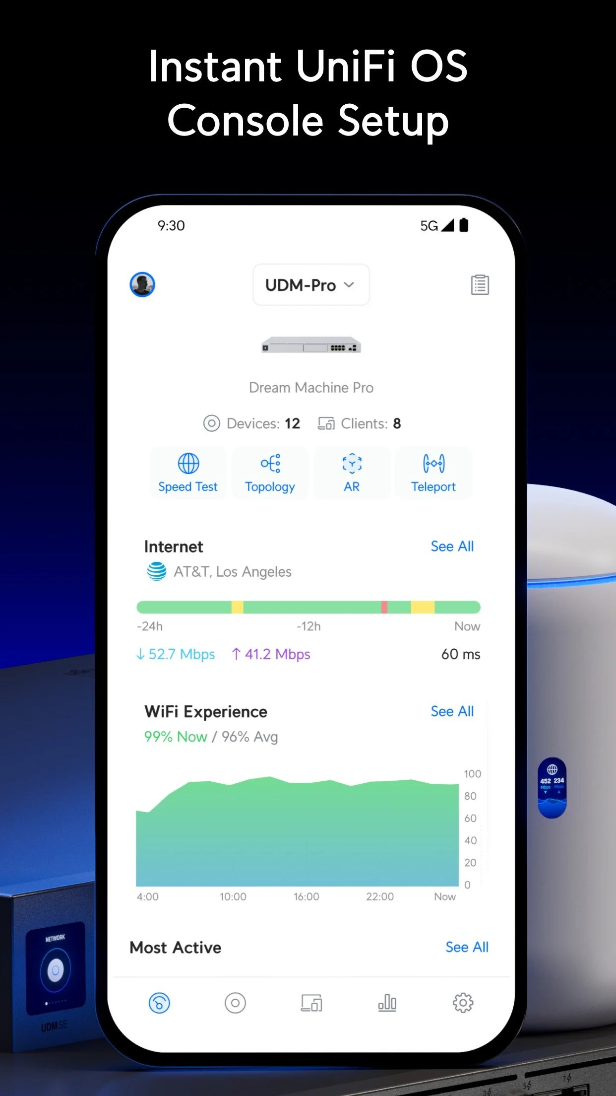 Screenshot of a UniFi mobile app displaying a network management dashboard, including internet speed test results, WiFi experience status, and device information.