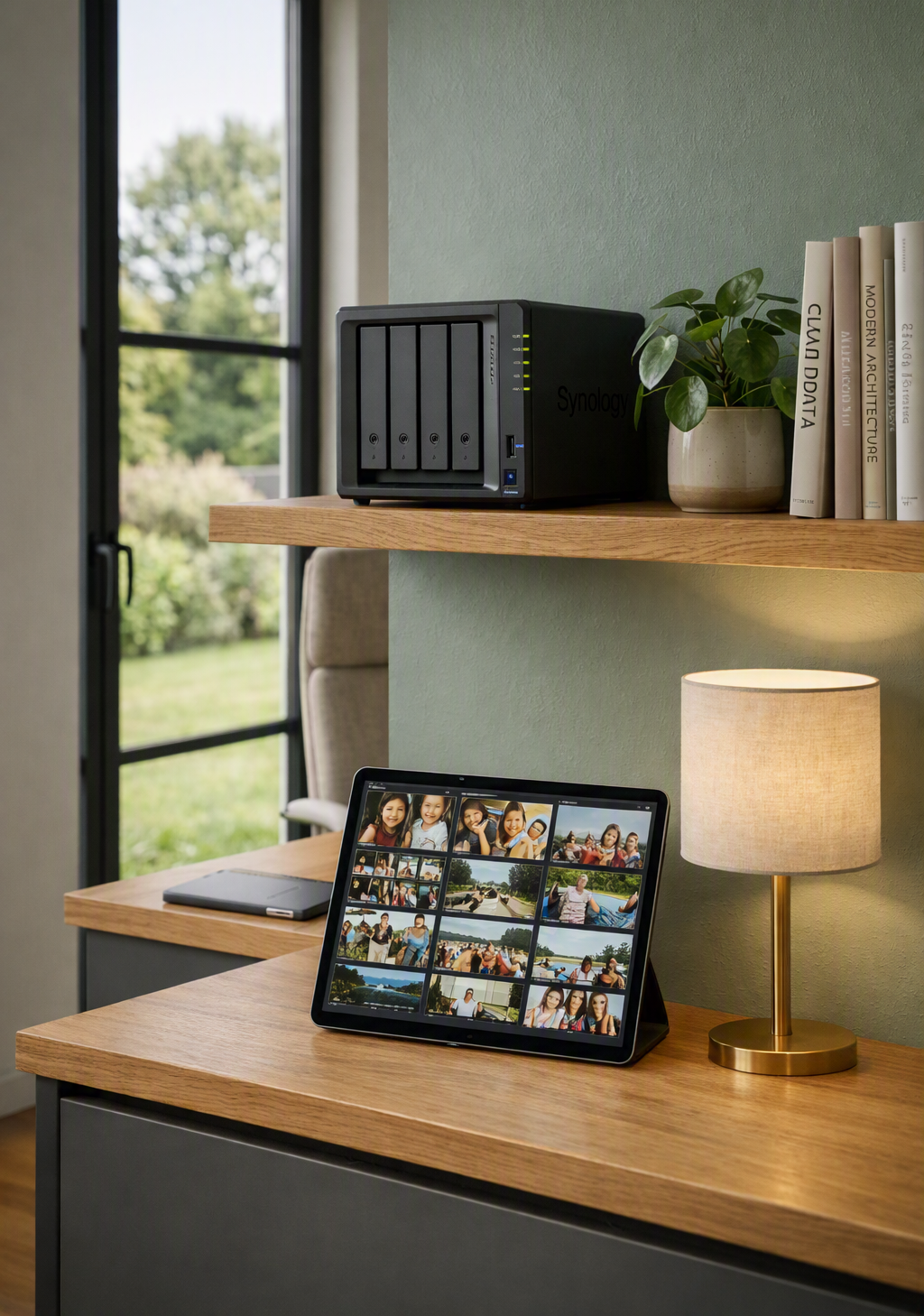 Home office desk with tablet displaying photos, table lamp, and shelf with a Synology hard drive and books, near a window with a view of greenery outside.