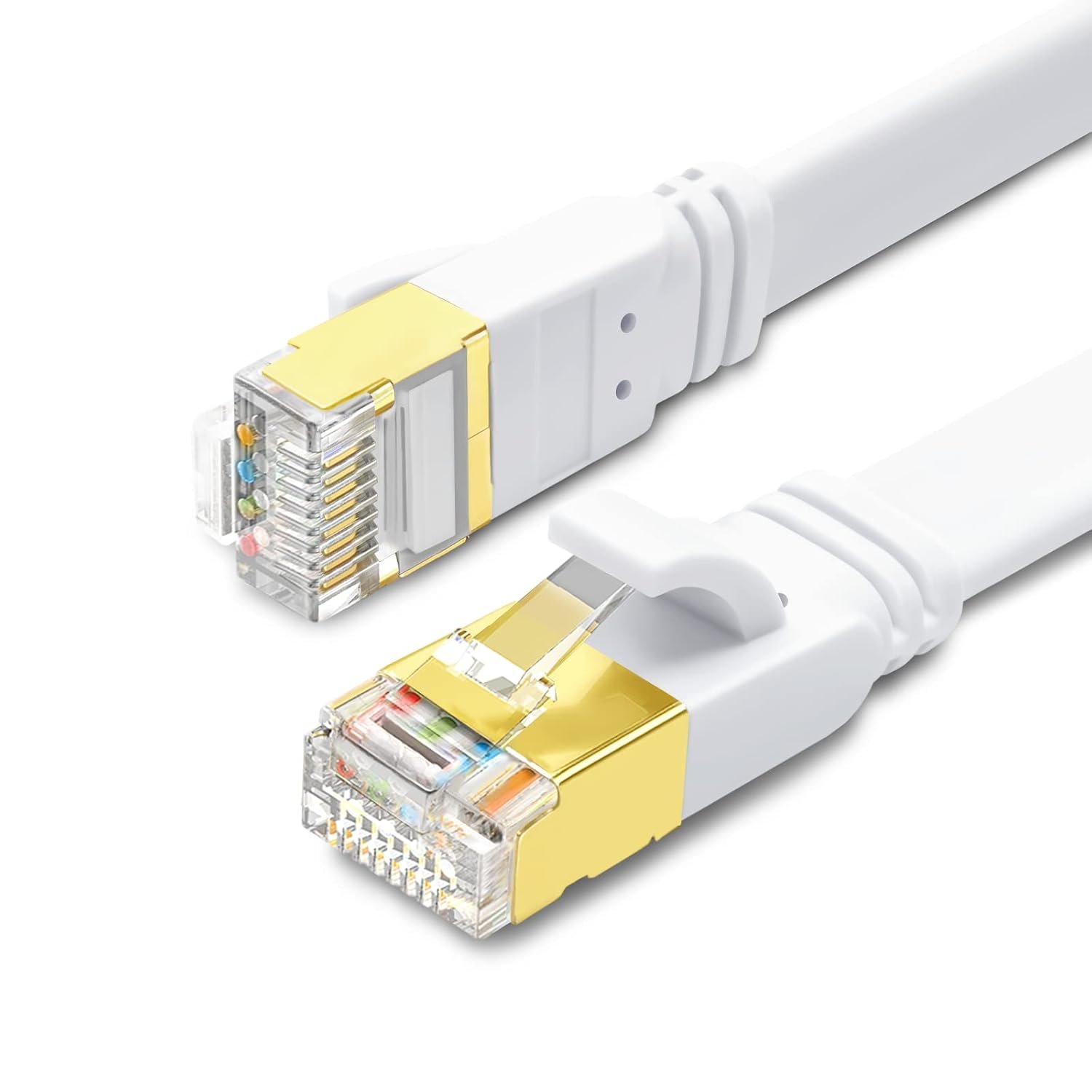 Close-up of two white Ethernet cables with gold-colored connectors and colorful internal wiring visible through transparent connectors.