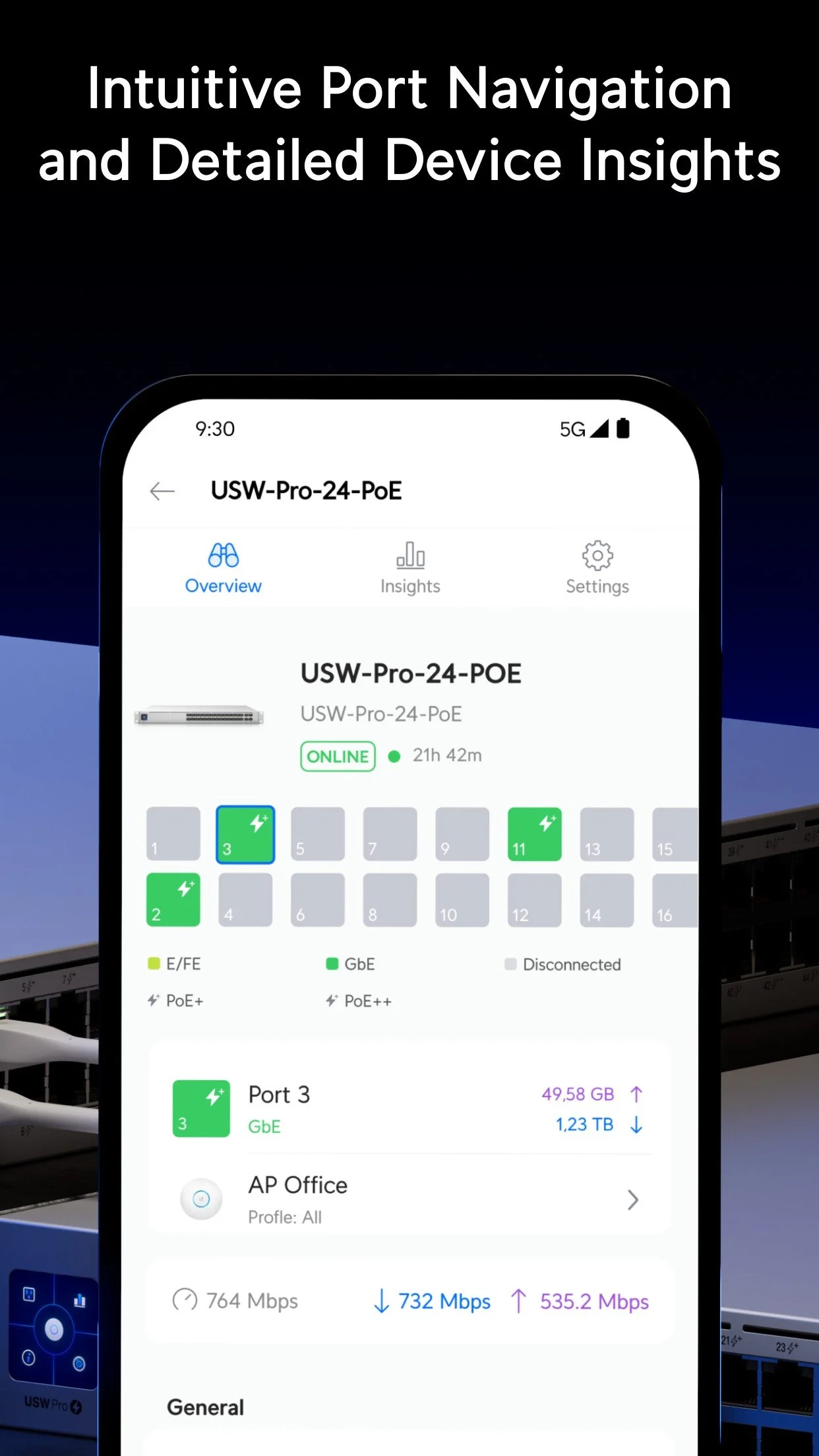 Mobile app interface displaying network device information for USW-Pro-24-PoE, including online status, port details, and device insights.