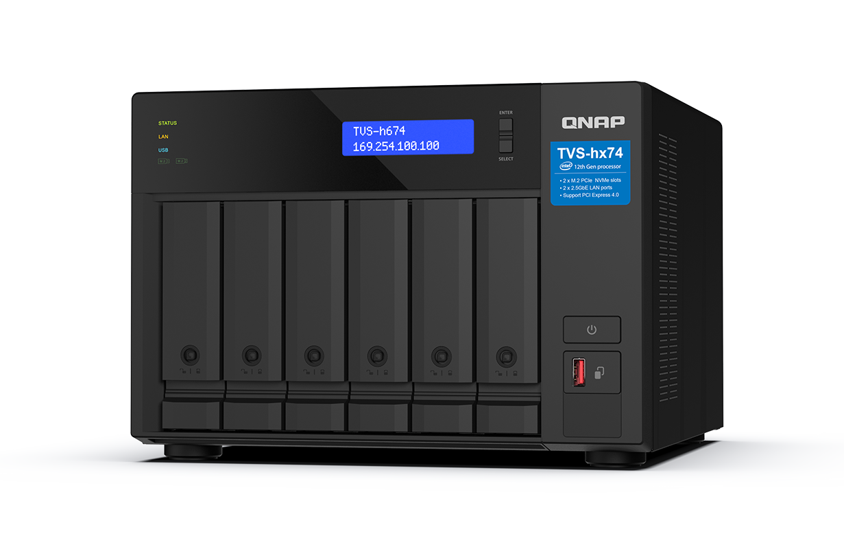 A QNAP TVS-h674 network-attached storage device with multiple drive bays, a blue display, and control buttons on the front.