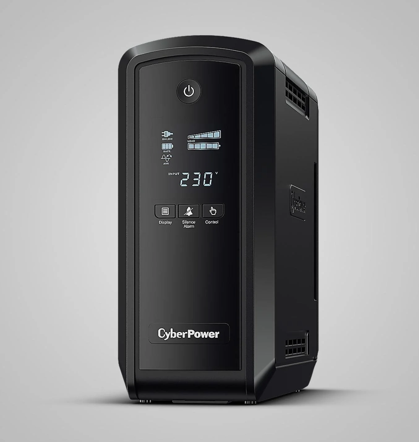 Black CyberPower uninterruptible power supply (UPS) with digital display showing voltage, load, and battery status, against a gray background.