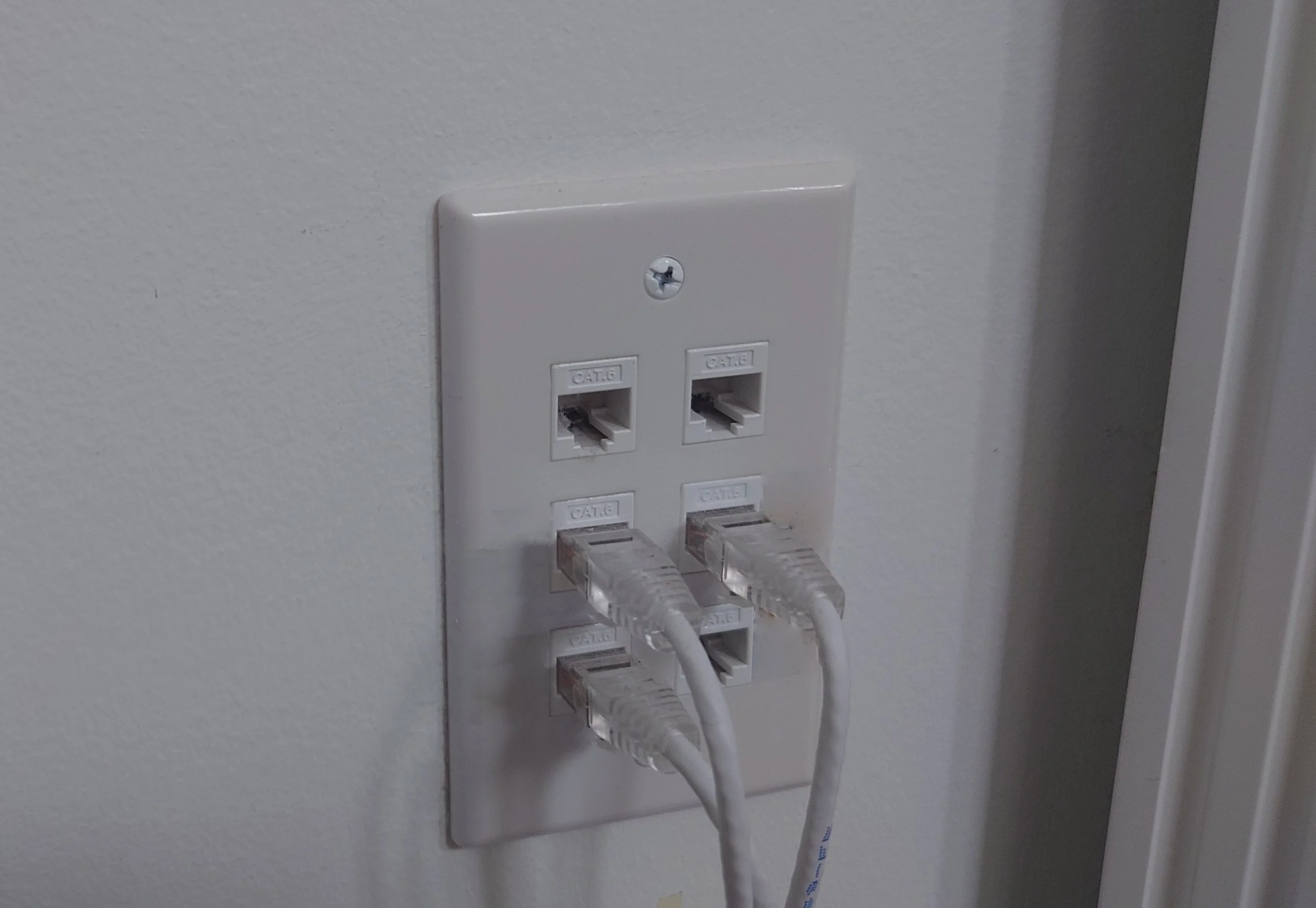 Wall-mounted Ethernet wall plate with several transparent Ethernet cables plugged into it.