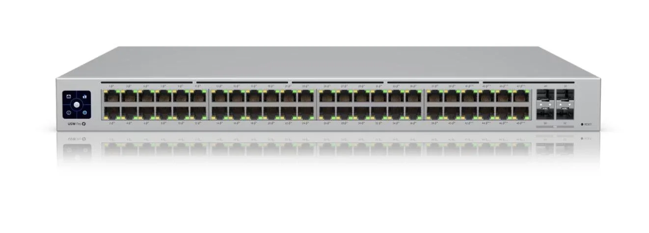 A UniFi network switch with multiple Ethernet ports and touchscreen.