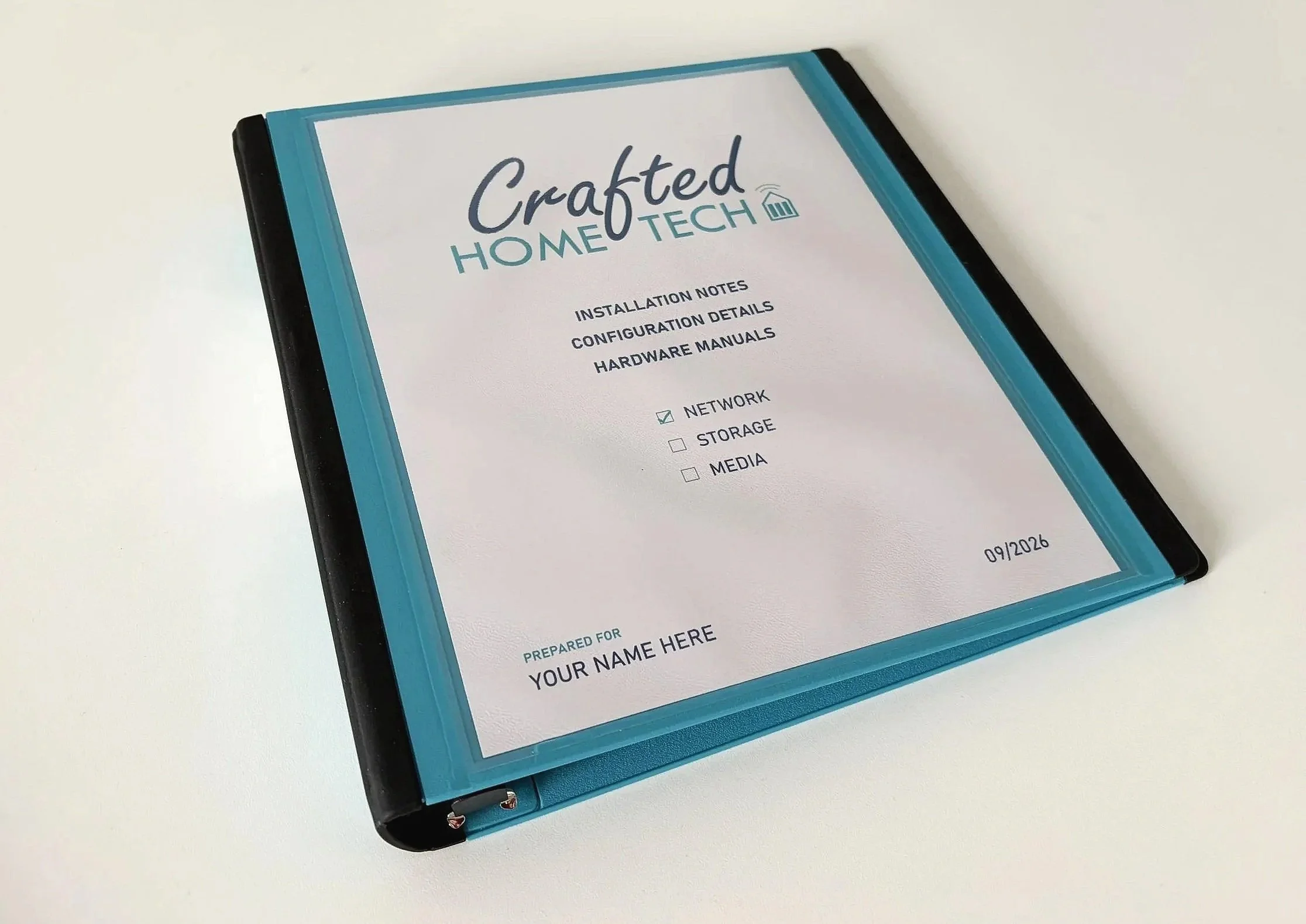 A folder by Crafted Home Tech with checklists for network, storage, and media, and sections for installation notes, configuration details, and hardware manuals.